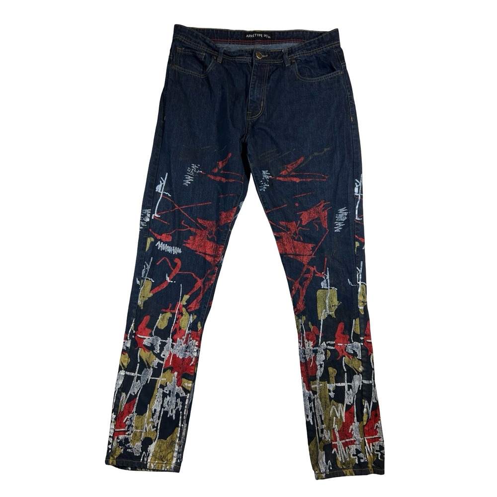 Arketype Mens Abstract Graphic Paint Straight Leg Jeans Dark Wash Blue 38x34